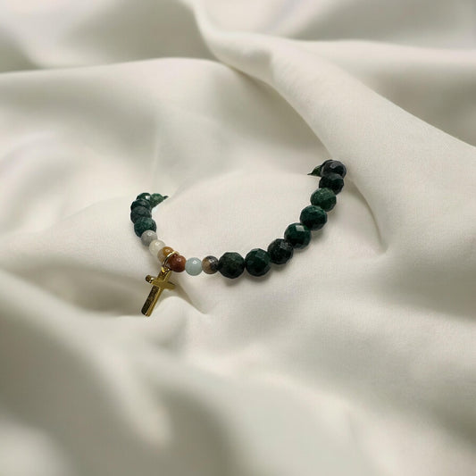 Natural african polished jade and Flower amazonite with 18k gold plated cross charm