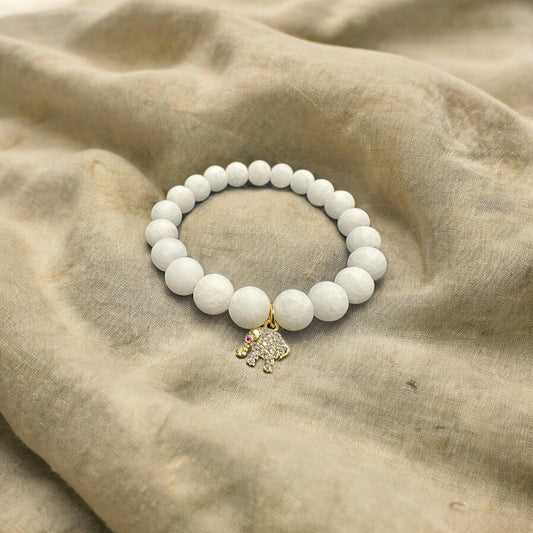 White natural jade with 18k gold plated elephant charm