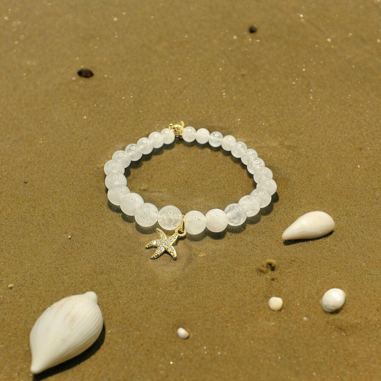 White jade with 18k gold plated turtle and star fish charm